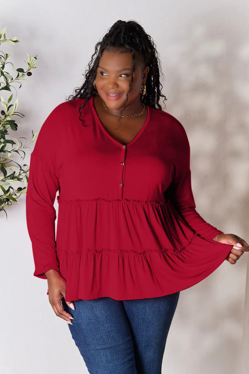 Double Take Half Button Long Sleeve Ruffle Hem Blouse - Love Salve